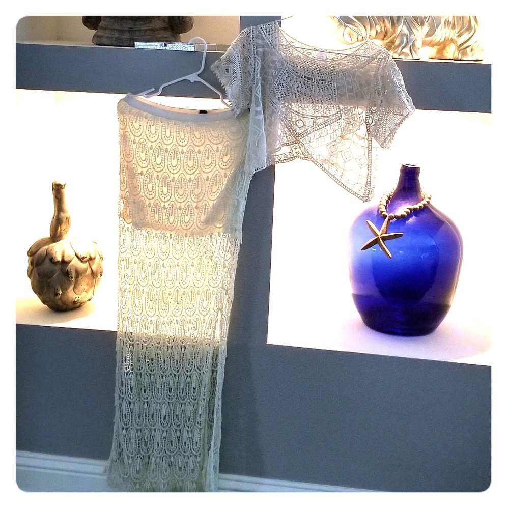Say What? Two piece ivory lace top and skirt.